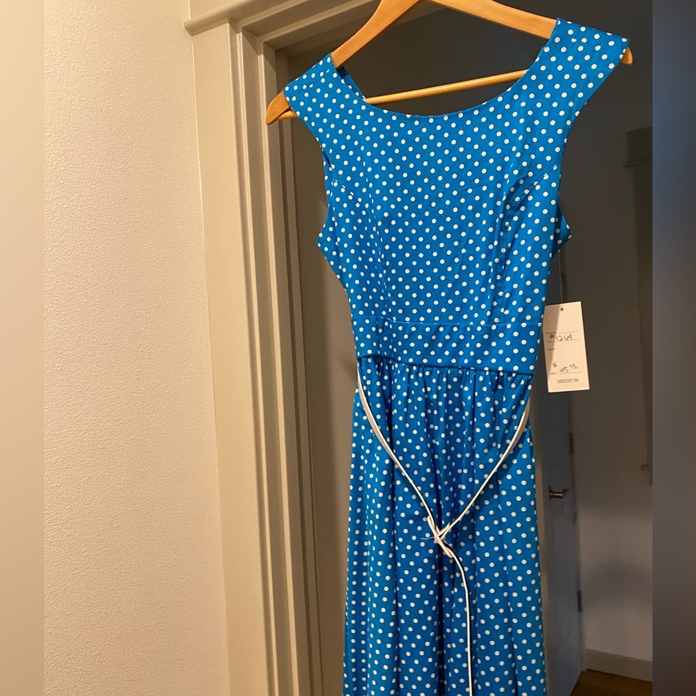 Blue Polka Dot Sleeveless Fit-and-Flare Dress